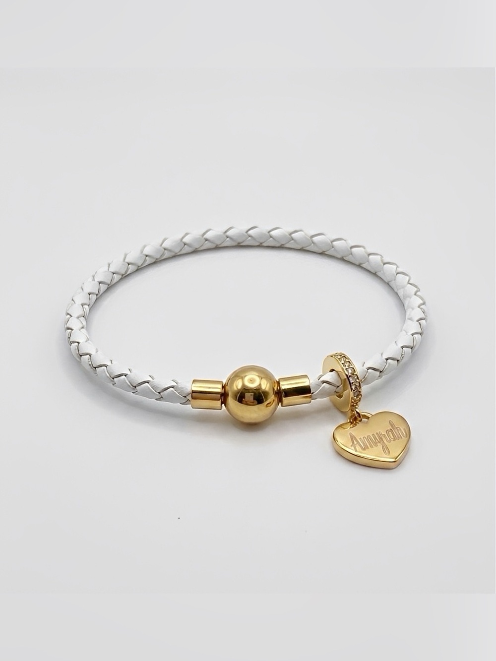 Linx White Braided Leather Bolo Cord Charm Bracelet & Personalized Heart Charm